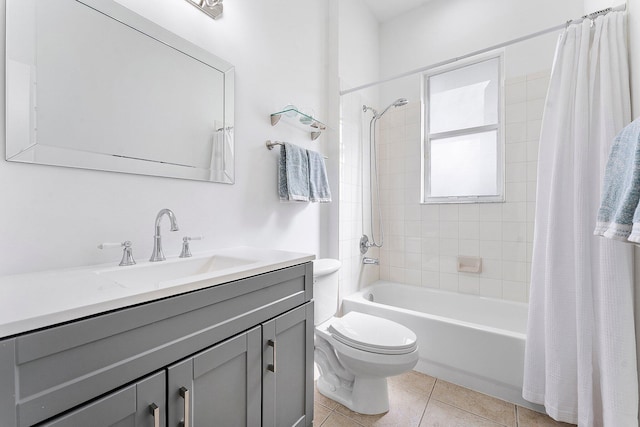 bathroom with vanity, tile patterned flooring, toilet, and shower / tub combo with curtain