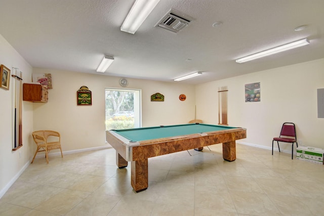 rec room featuring baseboards, billiards, visible vents, and a textured ceiling