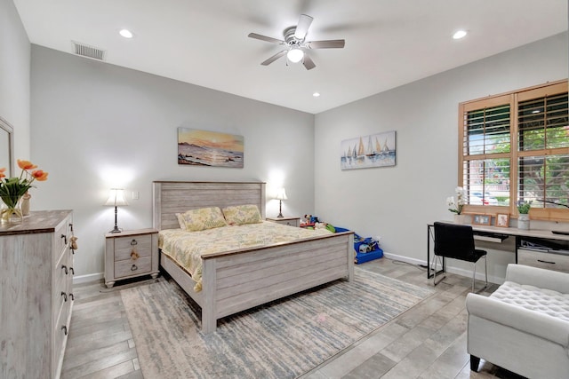 bedroom with recessed lighting, visible vents, baseboards, and light wood-style flooring