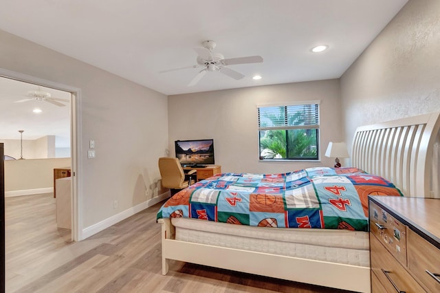 bedroom featuring recessed lighting, light wood finished floors, baseboards, and ceiling fan