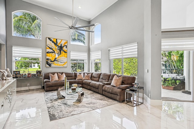 21741 Westmont Ct, Boca Raton, FL 33428 - living area featuring crown molding, a towering ceiling, marble tiled flooring, and ceiling fan