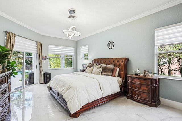 21741 Westmont Ct, Boca Raton, FL 33428 - bedroom featuring access to outside, a chandelier, light marble finish floors, and crown molding