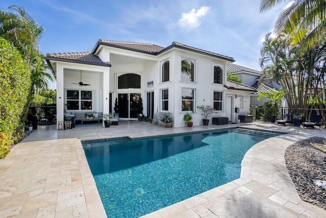 21741 Westmont Ct, Boca Raton, FL 33428 - back of house with an outdoor hangout area, a ceiling fan, a patio, stucco siding, and a tiled roof