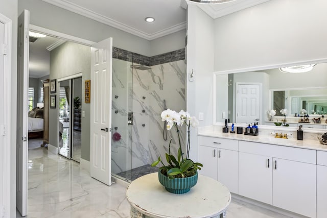 21741 Westmont Ct, Boca Raton, FL 33428 - full bathroom featuring a marble finish shower, marble tiled floors, crown molding, vanity, and ensuite bathroom