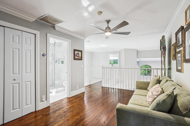 21741 Westmont Ct, Boca Raton, FL 33428 - living room with a ceiling fan, wood finished floors, and crown molding