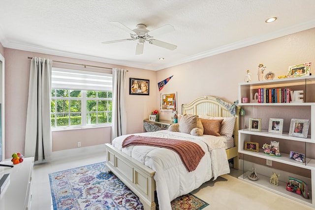 21741 Westmont Ct, Boca Raton, FL 33428 - bedroom with ornamental molding, a textured ceiling, a ceiling fan, and recessed lighting