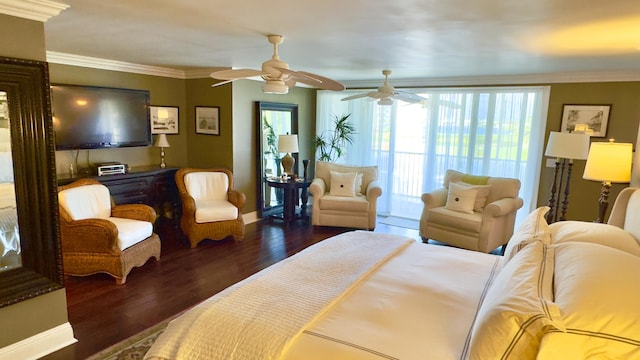 bedroom with ceiling fan, dark wood-style flooring, access to outside, baseboards, and ornamental molding