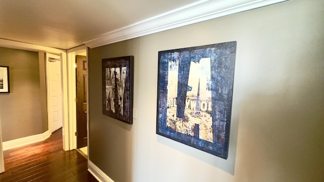 hallway with baseboards and dark wood-type flooring