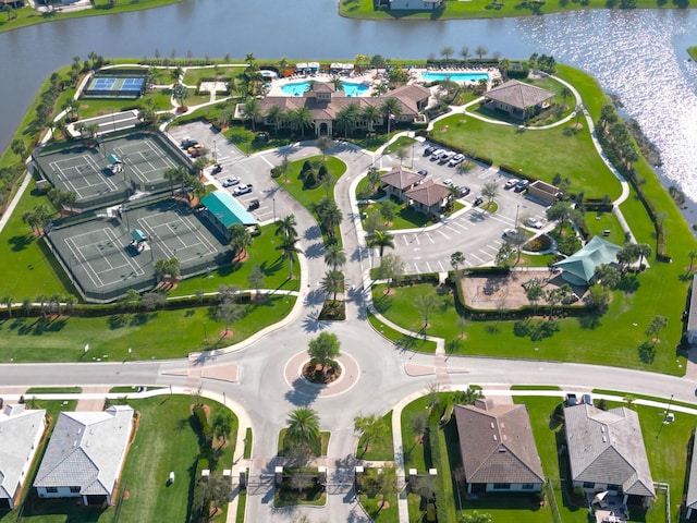 aerial view featuring a water view and a residential view