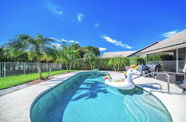 view of pool with a patio, a fenced backyard, and a fenced in pool