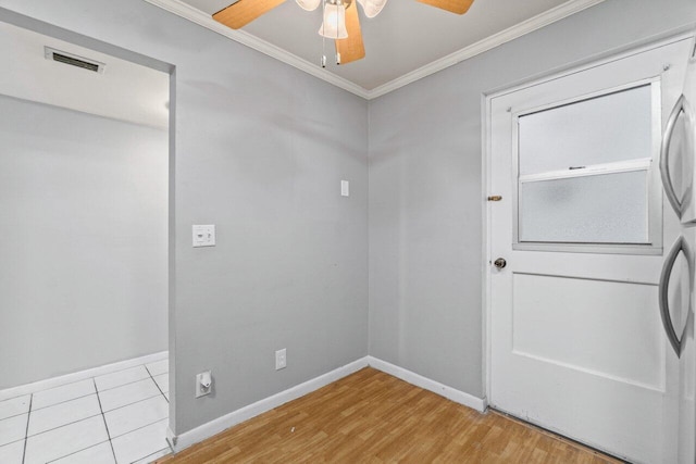5700 NW 2nd Ave Unit 401, Boca Raton, FL 33487 - washroom with ceiling fan, visible vents, baseboards, light wood finished floors, and crown molding