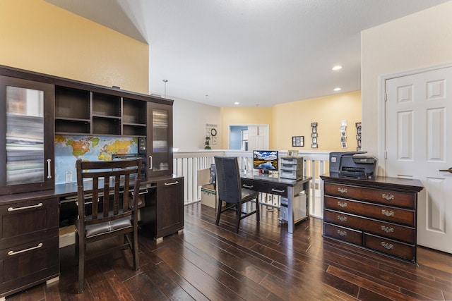 office space with recessed lighting and wood finished floors