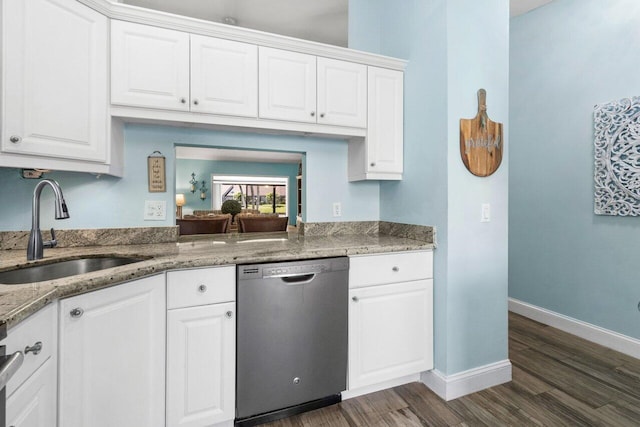 kitchen featuring a sink, baseboards, white cabinets, dishwasher, and dark wood finished floors