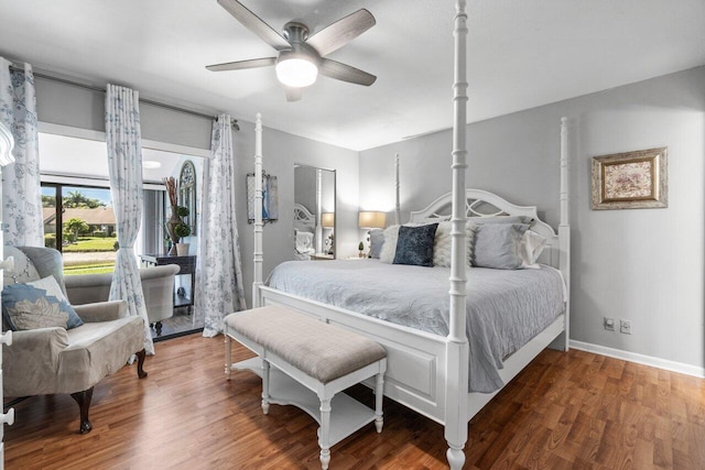 bedroom featuring access to exterior, ceiling fan, wood finished floors, and baseboards