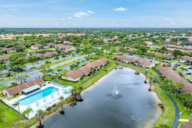 aerial view with a water view and a residential view