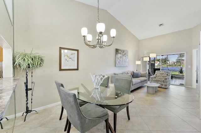 dining area featuring high vaulted ceiling, visible vents, an inviting chandelier, and light tile patterned flooring