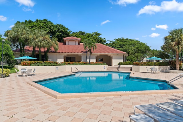 pool with a patio