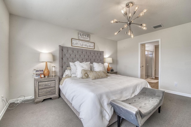 bedroom featuring baseboards, visible vents, an inviting chandelier, a textured ceiling, and carpet floors