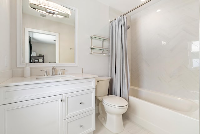 bathroom with vanity, toilet, and shower / bathtub combination with curtain