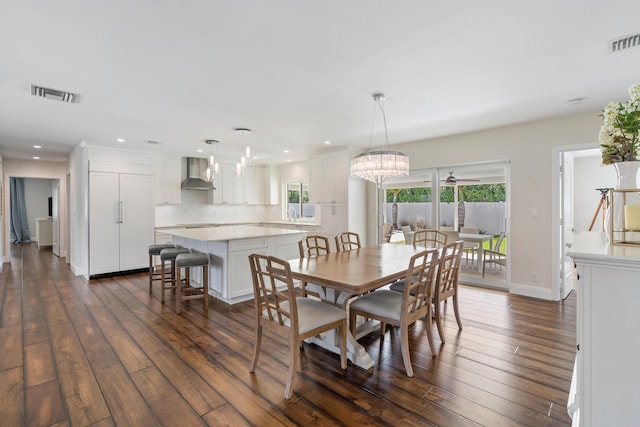 dining room featuring baseboards, visible vents, and dark wood finished floors