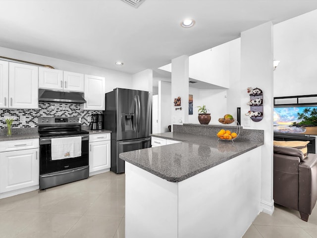 kitchen featuring light tile patterned floors, stainless steel appliances, white cabinetry, a peninsula, and under cabinet range hood