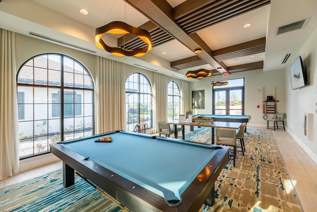 recreation room with visible vents, coffered ceiling, beamed ceiling, and light tile patterned flooring