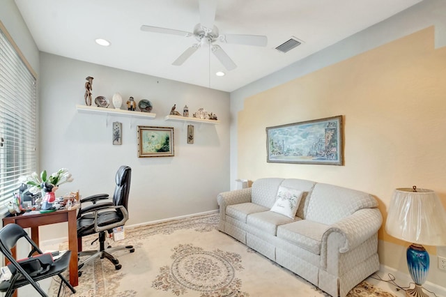 office space featuring baseboards, visible vents, ceiling fan, and recessed lighting