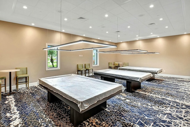 rec room featuring pool table, a wealth of natural light, carpet, and visible vents