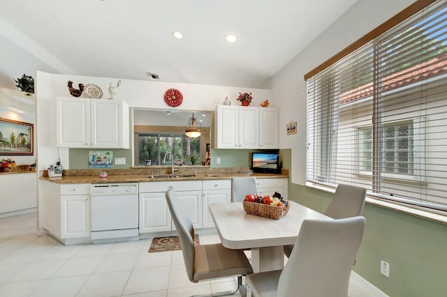 kitchen with light tile patterned floors, dishwasher, white cabinetry, a sink, and recessed lighting