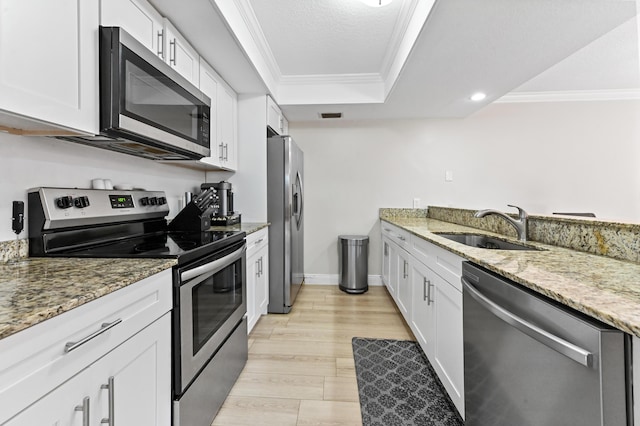 kitchen with crown molding, appliances with stainless steel finishes, white cabinetry, a raised ceiling, and a sink