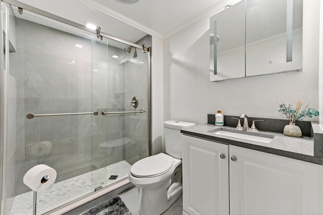 full bath featuring crown molding, toilet, a stall shower, marble finish floor, and vanity