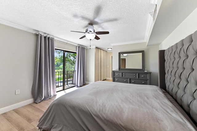 bedroom featuring light wood-style flooring, a ceiling fan, access to outside, a textured ceiling, and baseboards