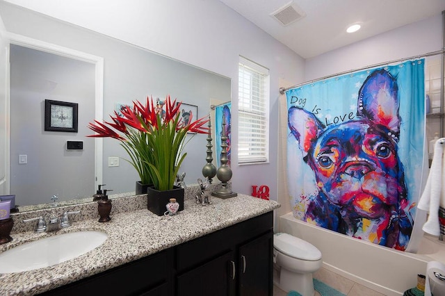 full bath featuring toilet, recessed lighting, vanity, visible vents, and shower / bath combination with curtain