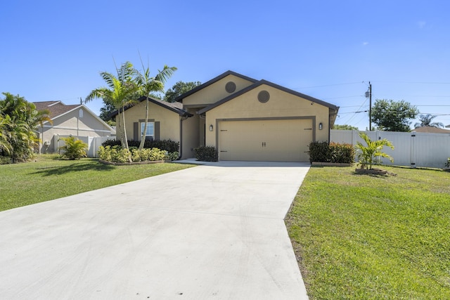 single story home with a front yard, fence, driveway, an attached garage, and stucco siding