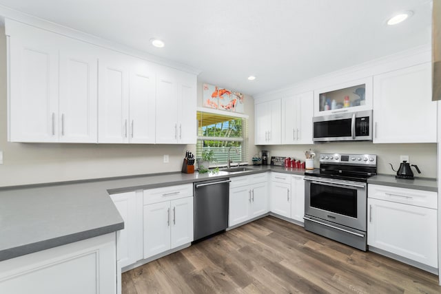 kitchen with dark countertops, dark wood-style floors, appliances with stainless steel finishes, and a sink