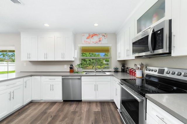 kitchen featuring appliances with stainless steel finishes, white cabinetry, a sink, and dark wood-style floors