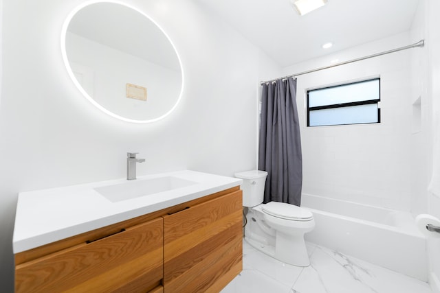 bathroom featuring toilet, marble finish floor, shower / bath combo, and vanity