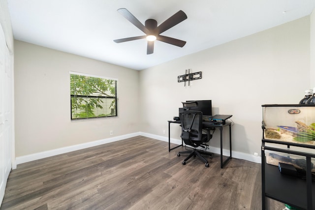 office area featuring wood finished floors, a ceiling fan, and baseboards