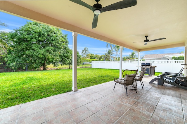 view of patio / terrace featuring a ceiling fan and a fenced backyard