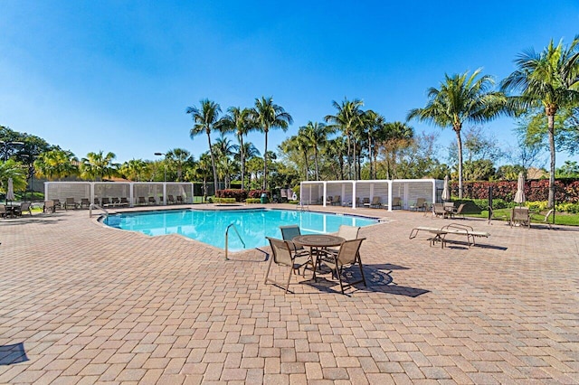 pool featuring a patio area and fence