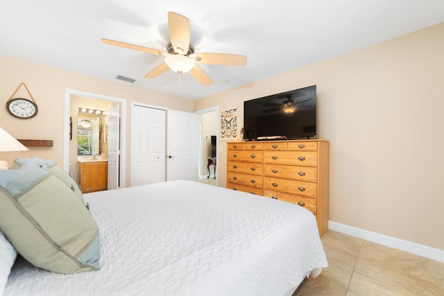 bedroom featuring visible vents, ceiling fan, baseboards, a closet, and ensuite bath