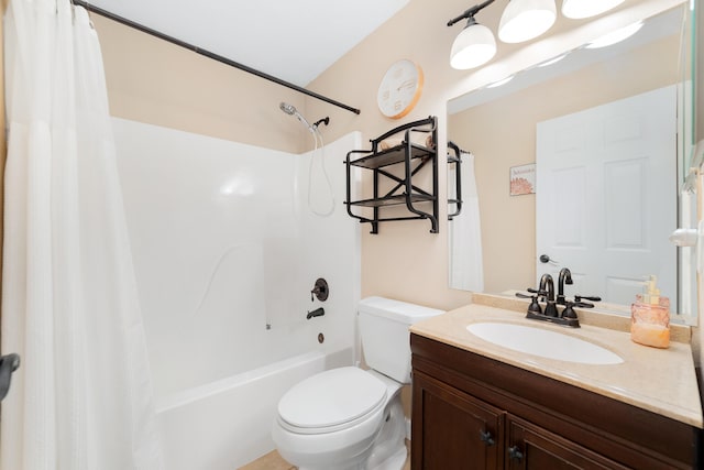 bathroom featuring vanity, toilet, and shower / tub combo with curtain