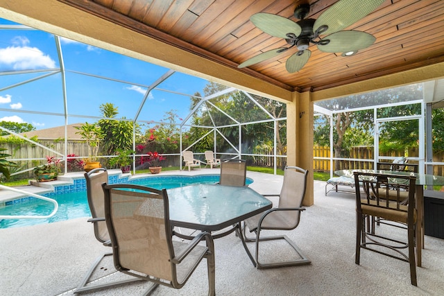 view of patio / terrace featuring outdoor dining space, a fenced in pool, a ceiling fan, a fenced backyard, and a lanai