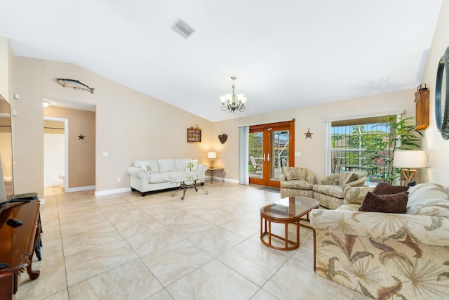 living area featuring visible vents, baseboards, french doors, and vaulted ceiling