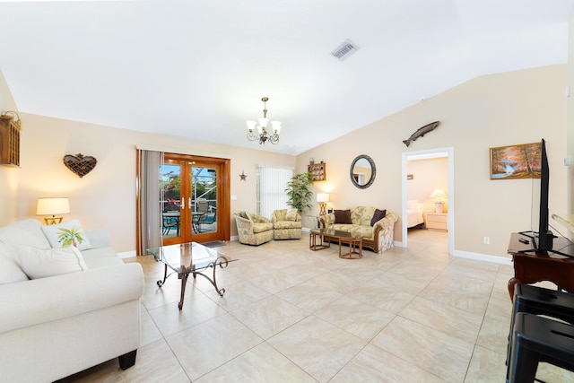 living area featuring light tile patterned flooring, visible vents, french doors, and vaulted ceiling