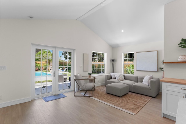 108 NW 4th Ave, Delray Beach, FL 33444 - living area featuring french doors, light wood finished floors, high vaulted ceiling, and baseboards