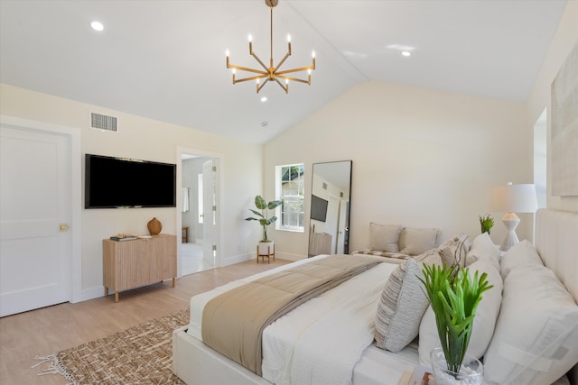 bedroom with a chandelier, light wood-style flooring, baseboards, high vaulted ceiling, and recessed lighting