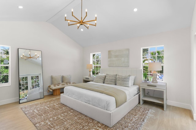 108 NW 4th Ave, Delray Beach, FL 33444 - bedroom with a chandelier, light wood-type flooring, baseboards, recessed lighting, and high vaulted ceiling