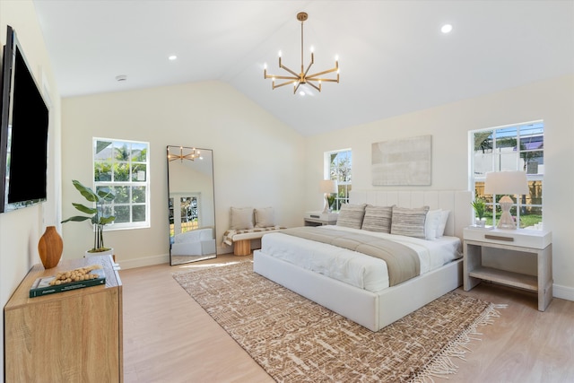 108 NW 4th Ave, Delray Beach, FL 33444 - bedroom featuring a chandelier, light wood-style floors, high vaulted ceiling, baseboards, and recessed lighting