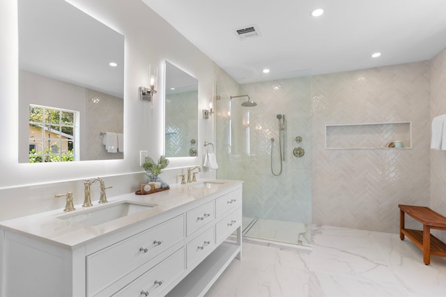 108 NW 4th Ave, Delray Beach, FL 33444 - bathroom with a walk in shower, recessed lighting, double vanity, and marble finish flooring